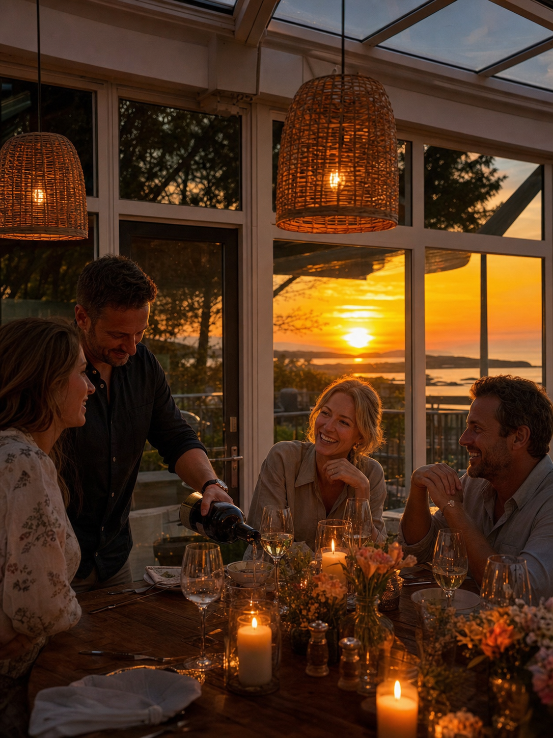 Private dinner party in Devon glass conservatory at sunset
